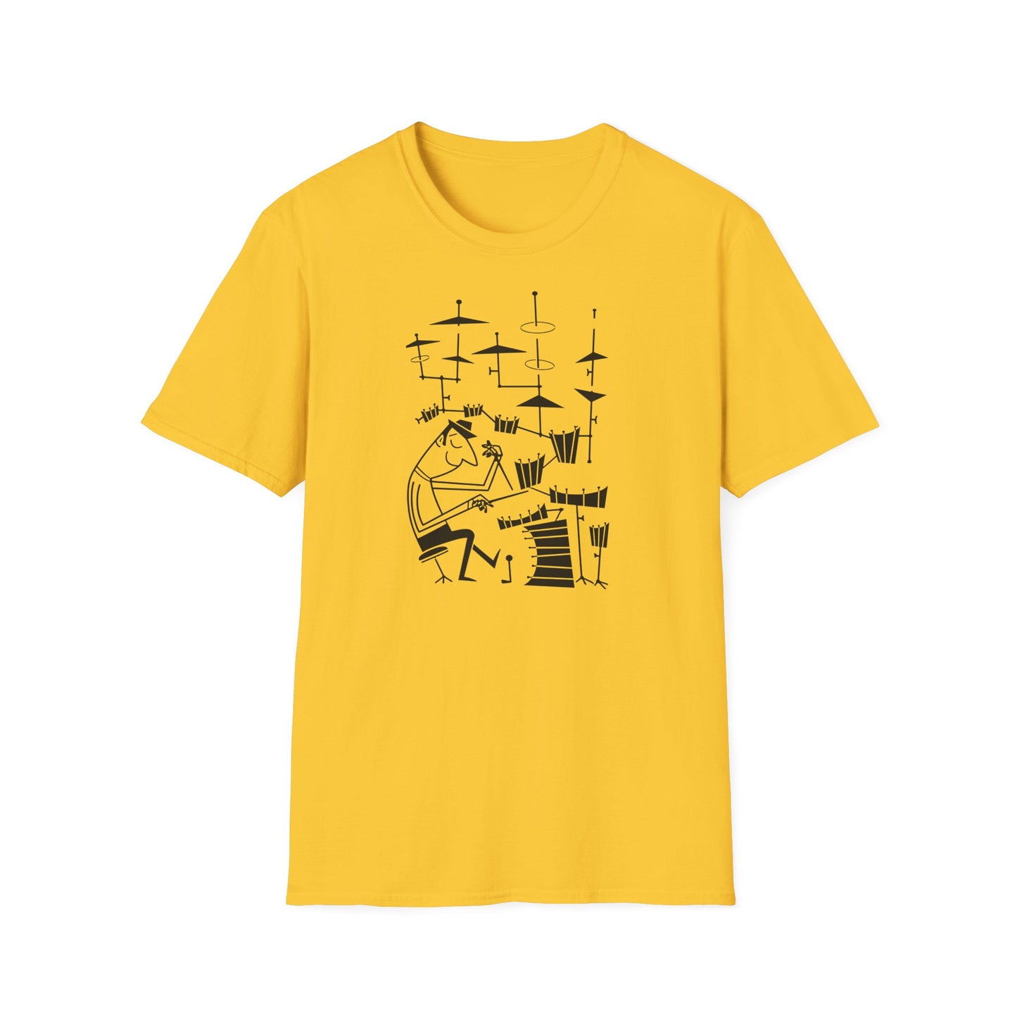 Yellow t-shirt with a black line drawing of a drummer playing a drum set.