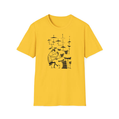 Yellow t-shirt with a black line drawing of a drummer playing a drum set.