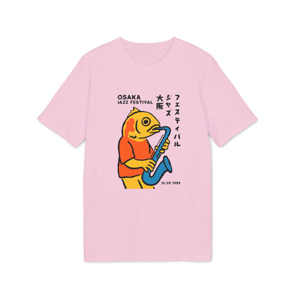 Pink t-shirt with a drawing of a yellow fish playing a saxophone for the Osaka Jazz Festival.