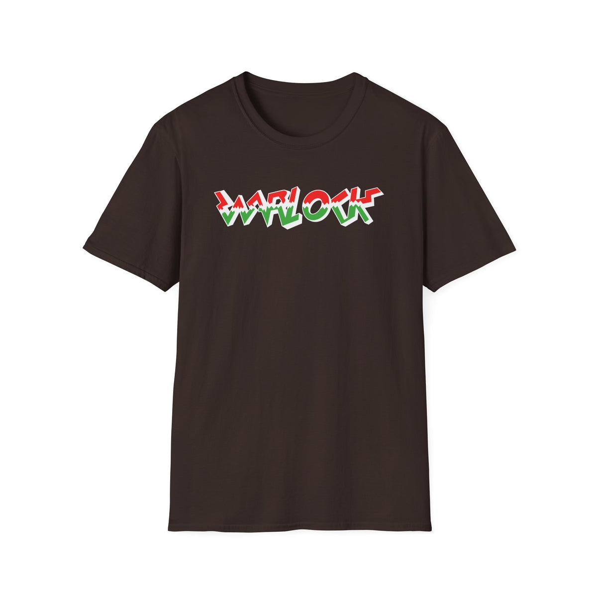 Dark brown t-shirt with red and green "WARLOCK" text graphic.