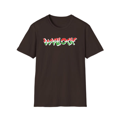 Dark brown t-shirt with red and green "WARLOCK" text graphic.