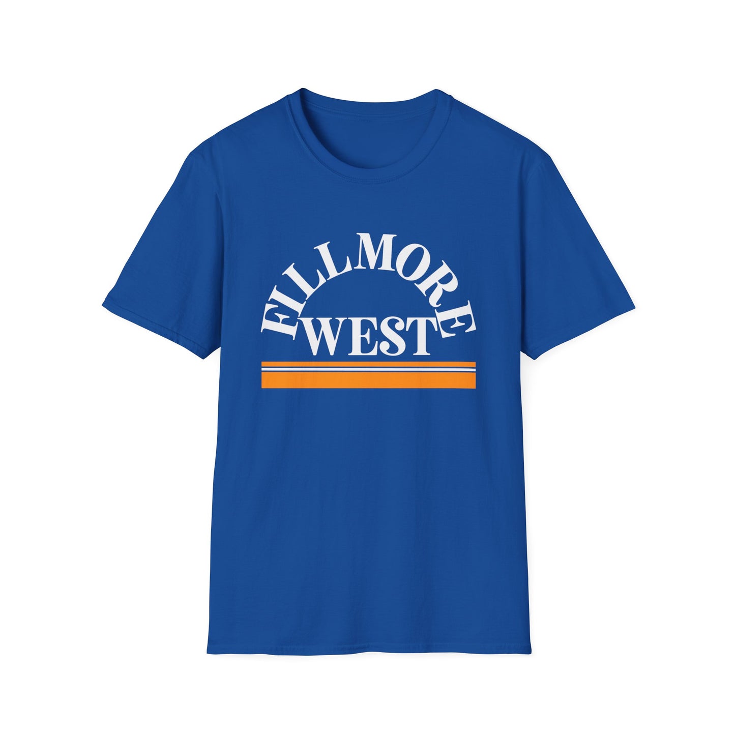 Blue t-shirt with white Fillmore West text and orange and white stripes.
