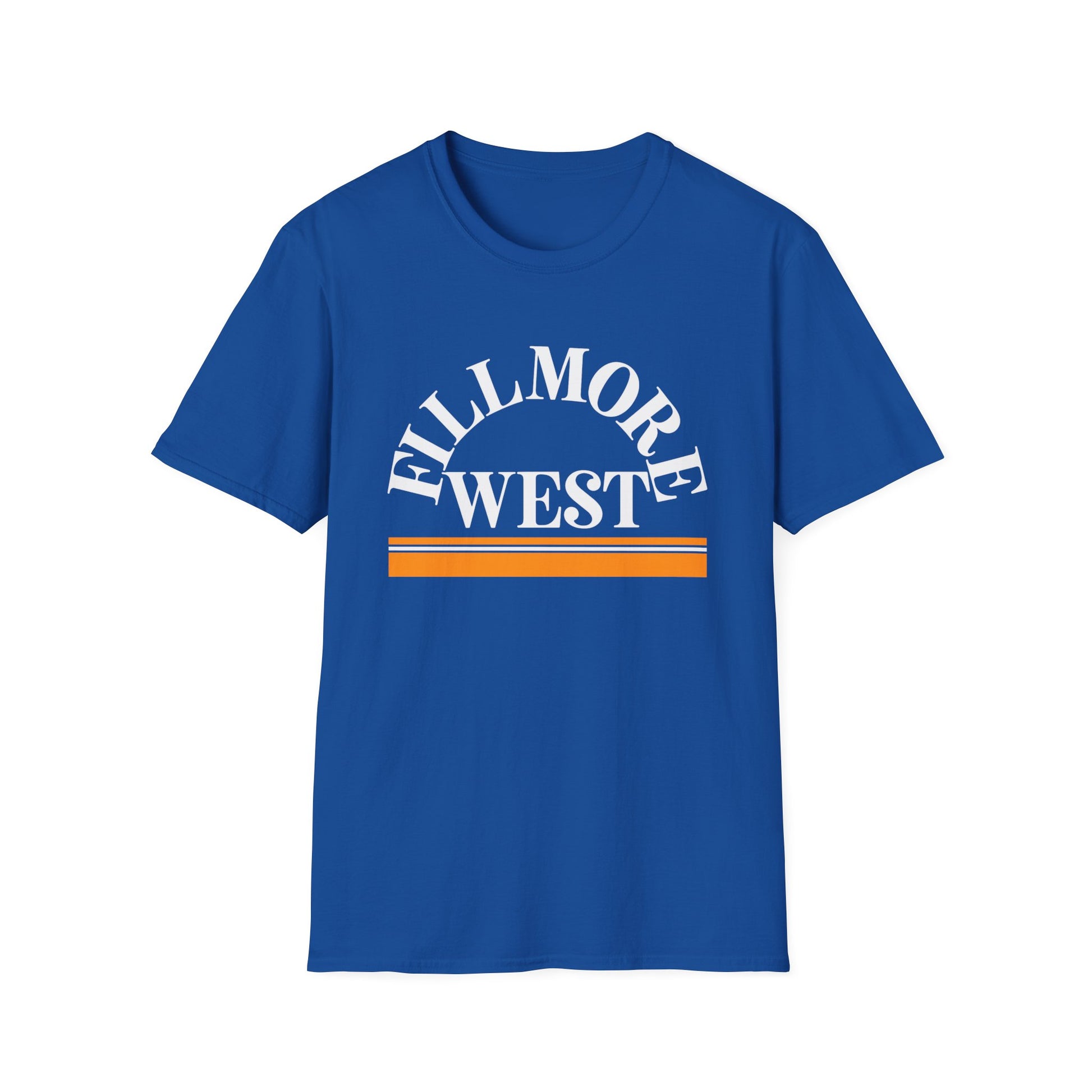 Blue t-shirt with white Fillmore West text and orange and white stripes.