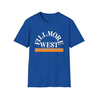 Blue t-shirt with white Fillmore West text and orange and white stripes.