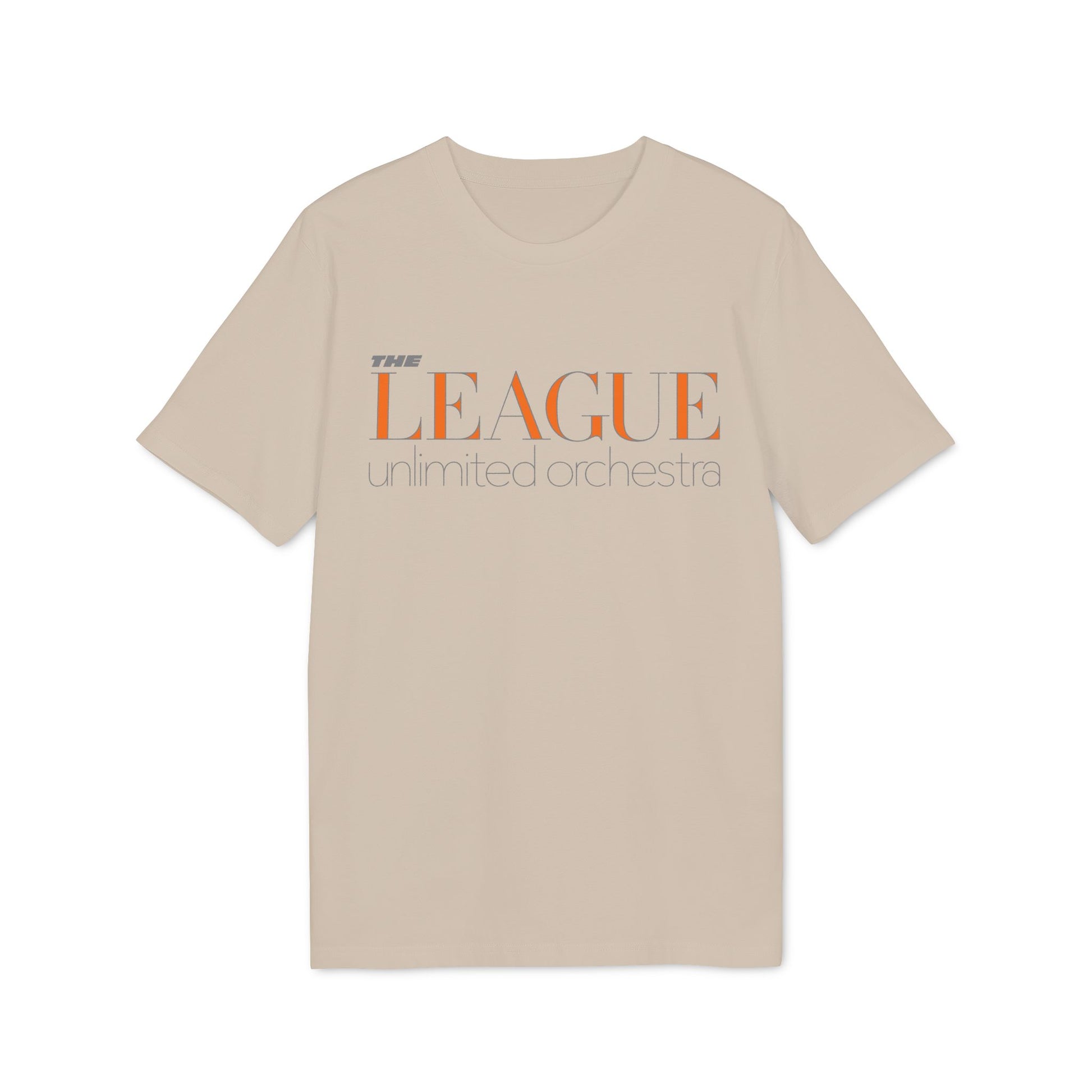 Light tan t-shirt with orange and gray "The League Unlimited Orchestra" text.
