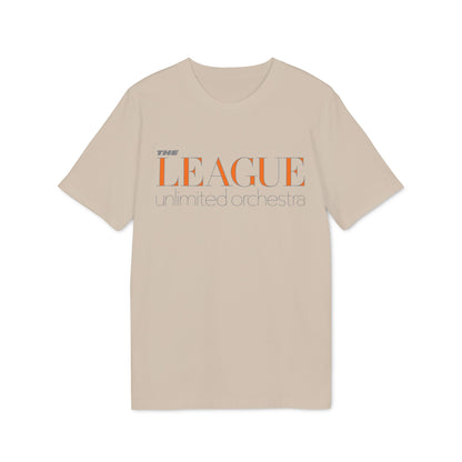 Light tan t-shirt with orange and gray "The League Unlimited Orchestra" text.