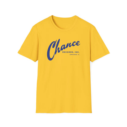 Yellow t-shirt with blue "Chance Records, Inc., Chicago, IL." text.