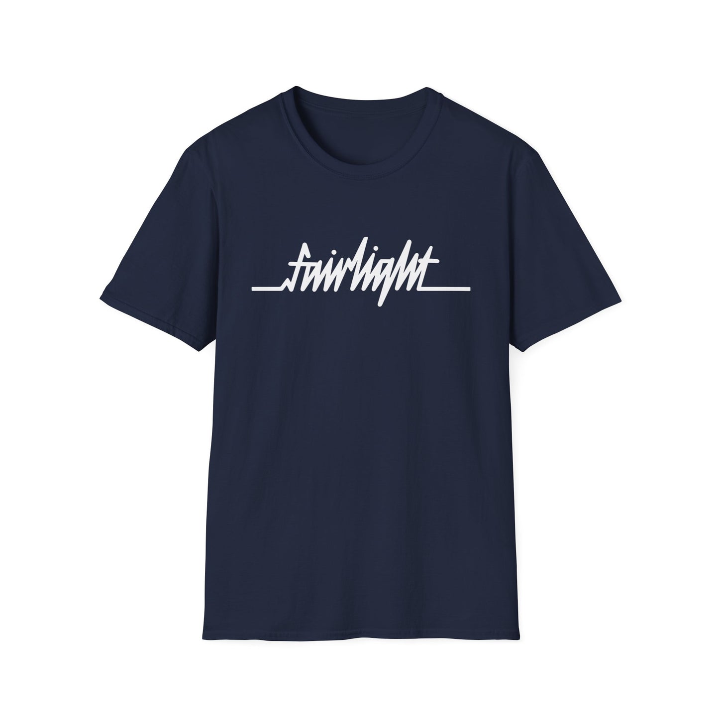 Navy t-shirt with white "fairlight" text and a line graphic.