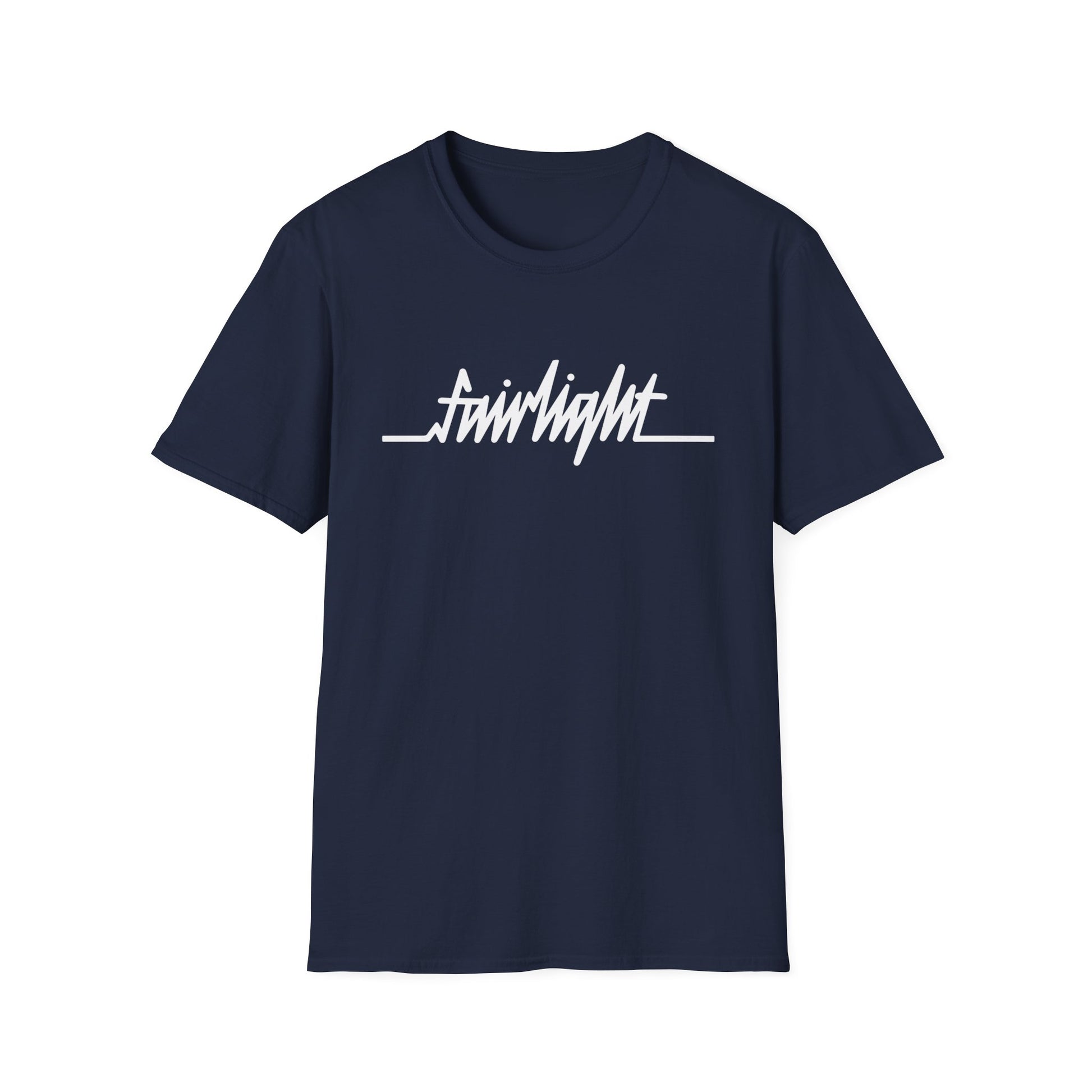 Navy t-shirt with white "fairlight" text and a line graphic.