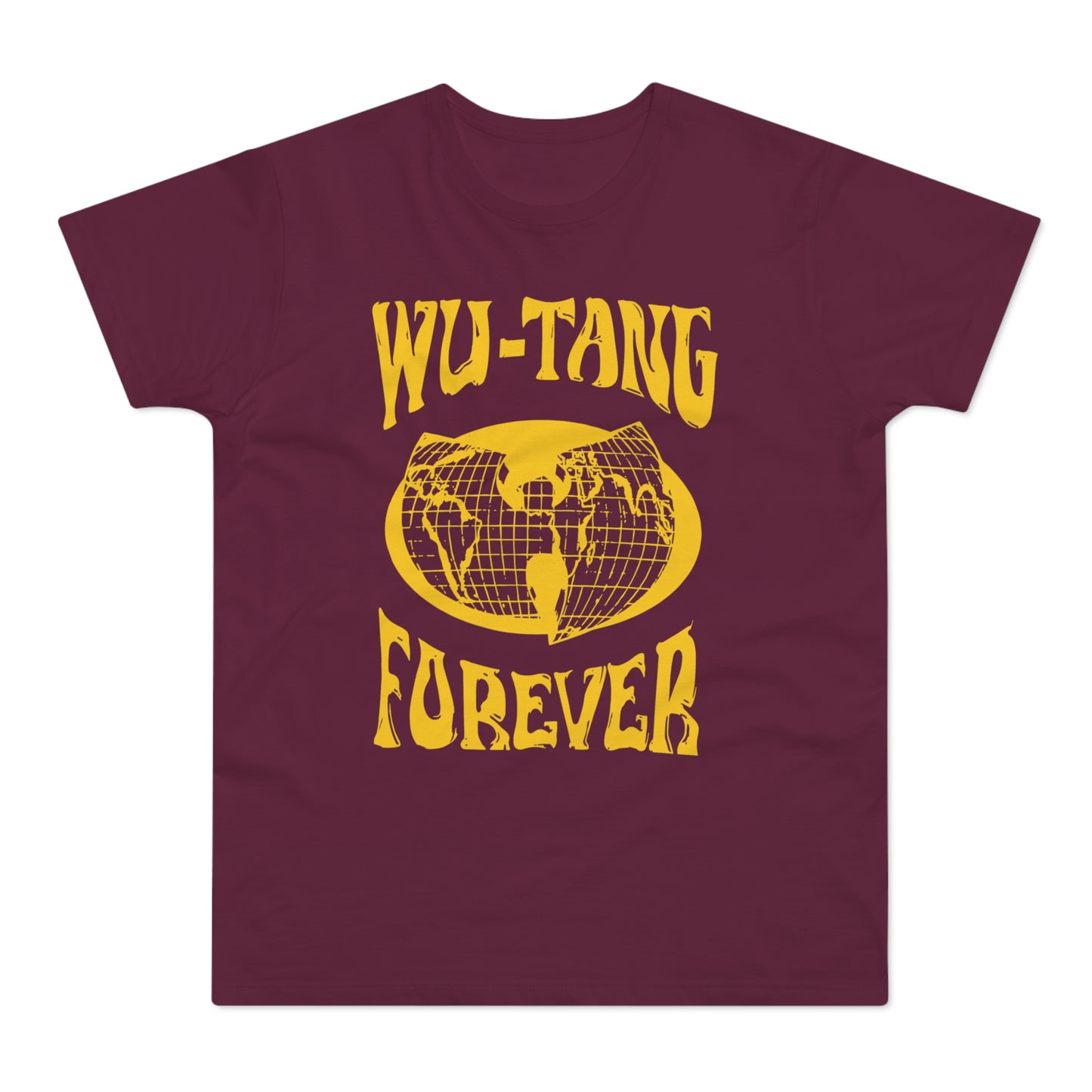 Maroon t-shirt with yellow Wu-Tang Clan logo and "Forever" text.