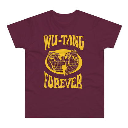 Maroon t-shirt with yellow Wu-Tang Clan logo and "Forever" text.
