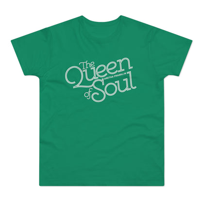 Green t-shirt with white text "The Queen of Soul Aretha Franklin".