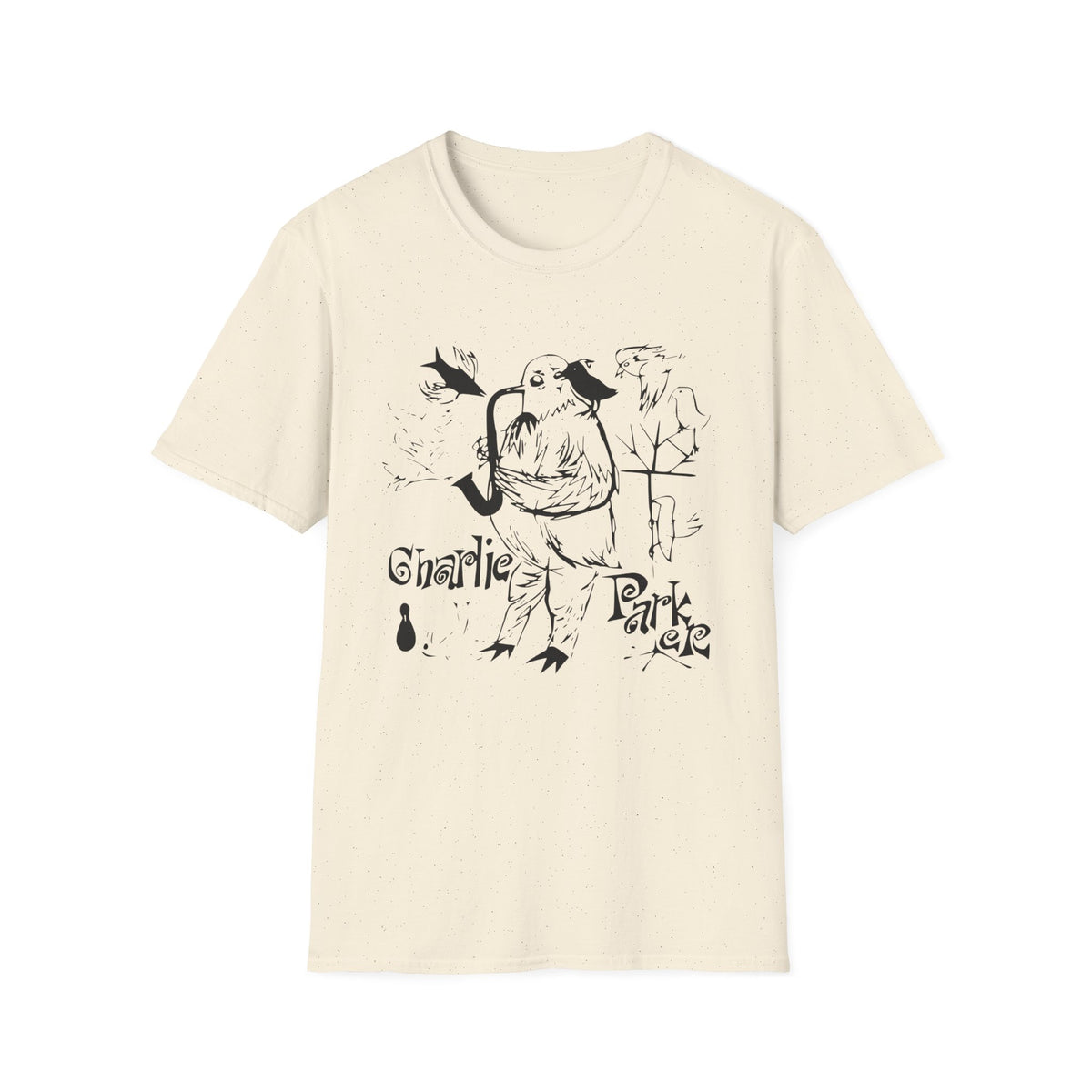 T-shirt with black ink drawing of a bird playing a saxophone, with "Charlie Parker" text.