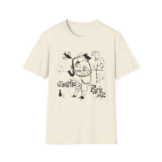 T-shirt with black ink drawing of a bird playing a saxophone, with "Charlie Parker" text.