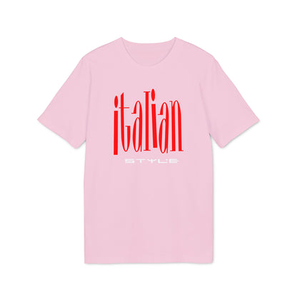 Pink t-shirt with red "italian" and white "STYLE" text.
