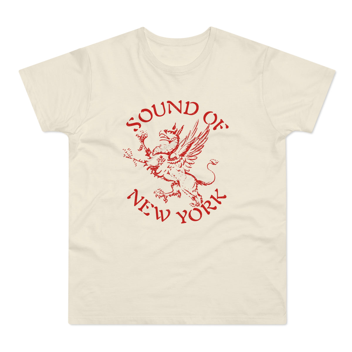 Cream t-shirt with red "SOUND OF NEW YORK" text and a griffin graphic.