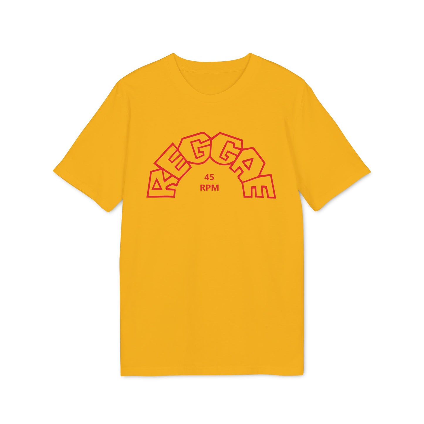 Yellow t-shirt with red "REGGAE" text and "45 RPM" in the center.