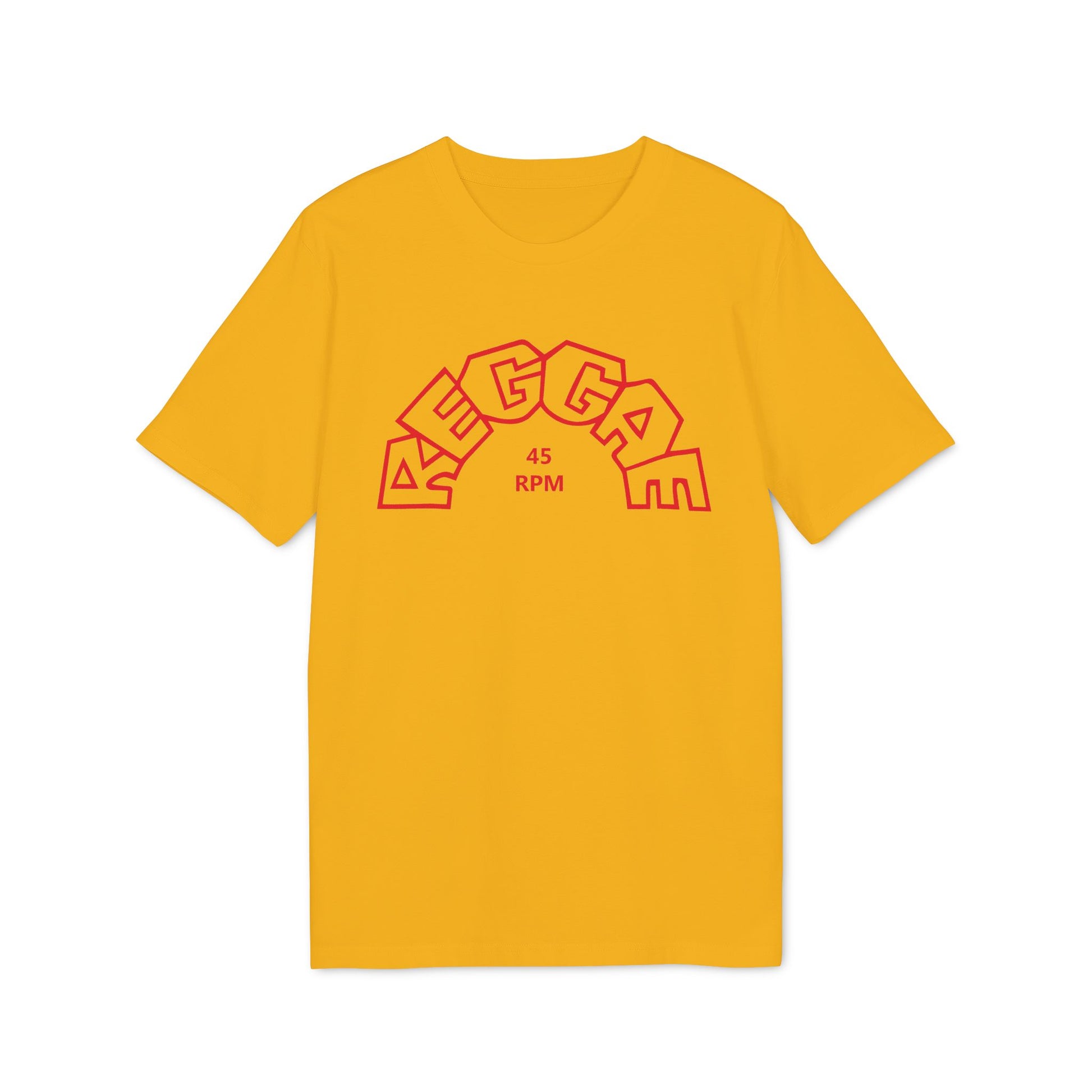 Yellow t-shirt with red "REGGAE" text and "45 RPM" in the center.