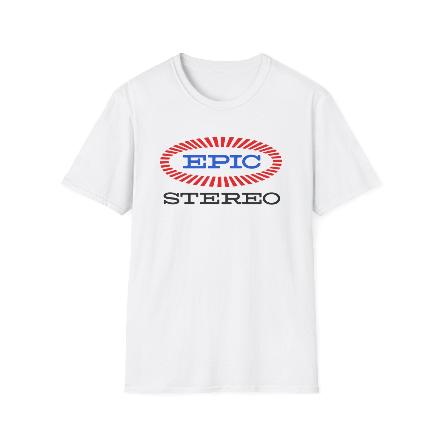 White t-shirt with oval "EPIC" logo and "STEREO" text below.