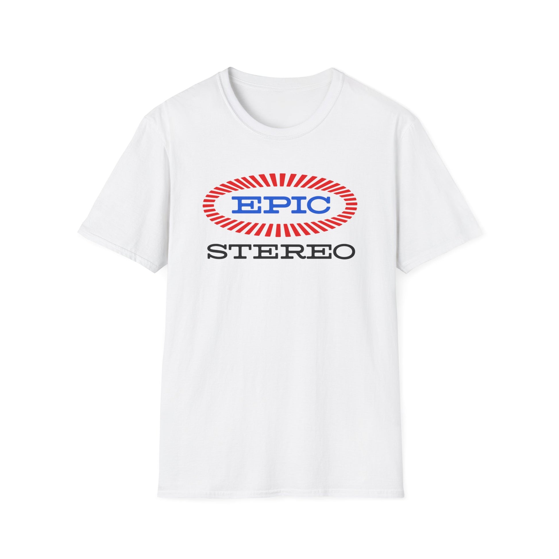 White t-shirt with oval "EPIC" logo and "STEREO" text below.