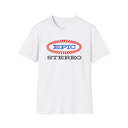 White t-shirt with oval "EPIC" logo and "STEREO" text below.