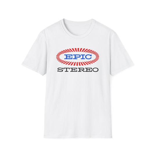 White t-shirt with oval "EPIC" logo and "STEREO" text below.