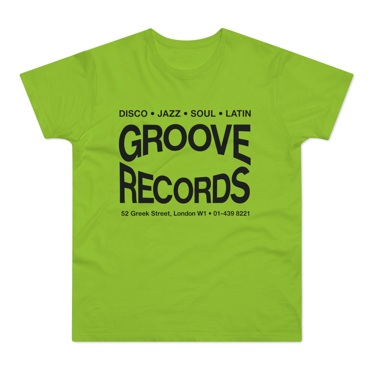 Lime green t-shirt with "Groove Records" and address in black text.