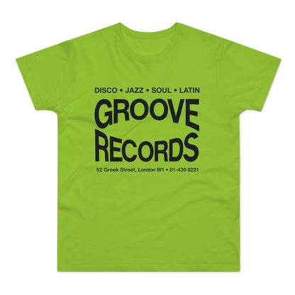Lime green t-shirt with "Groove Records" and address in black text.