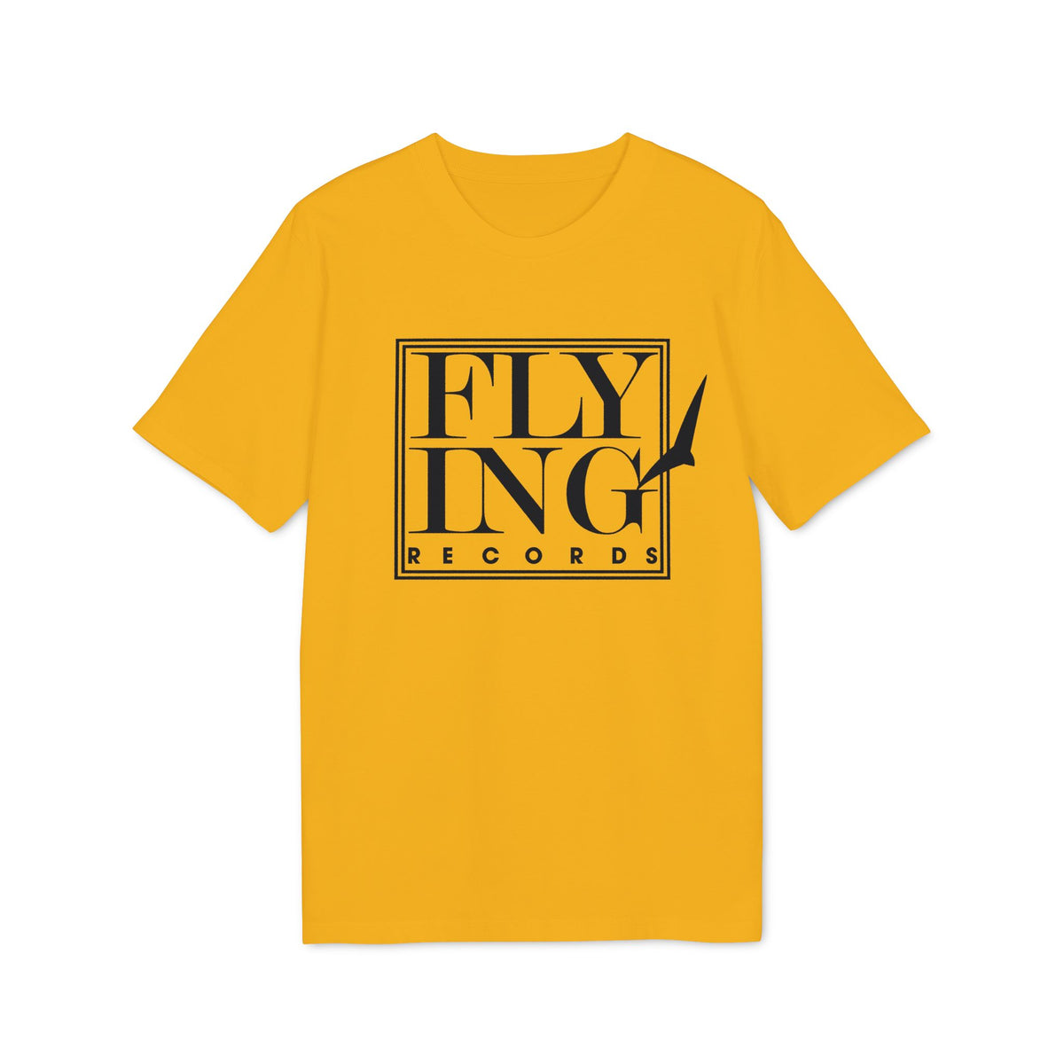 Yellow t-shirt with black "FLYING RECORDS" logo and bird silhouette.