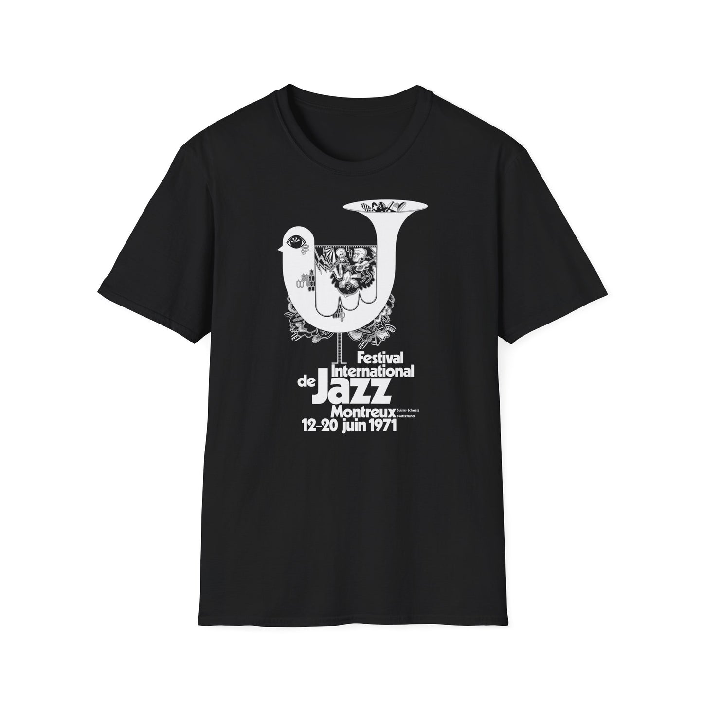 Black t-shirt with white graphic for Festival International de Jazz Montreux 1971.