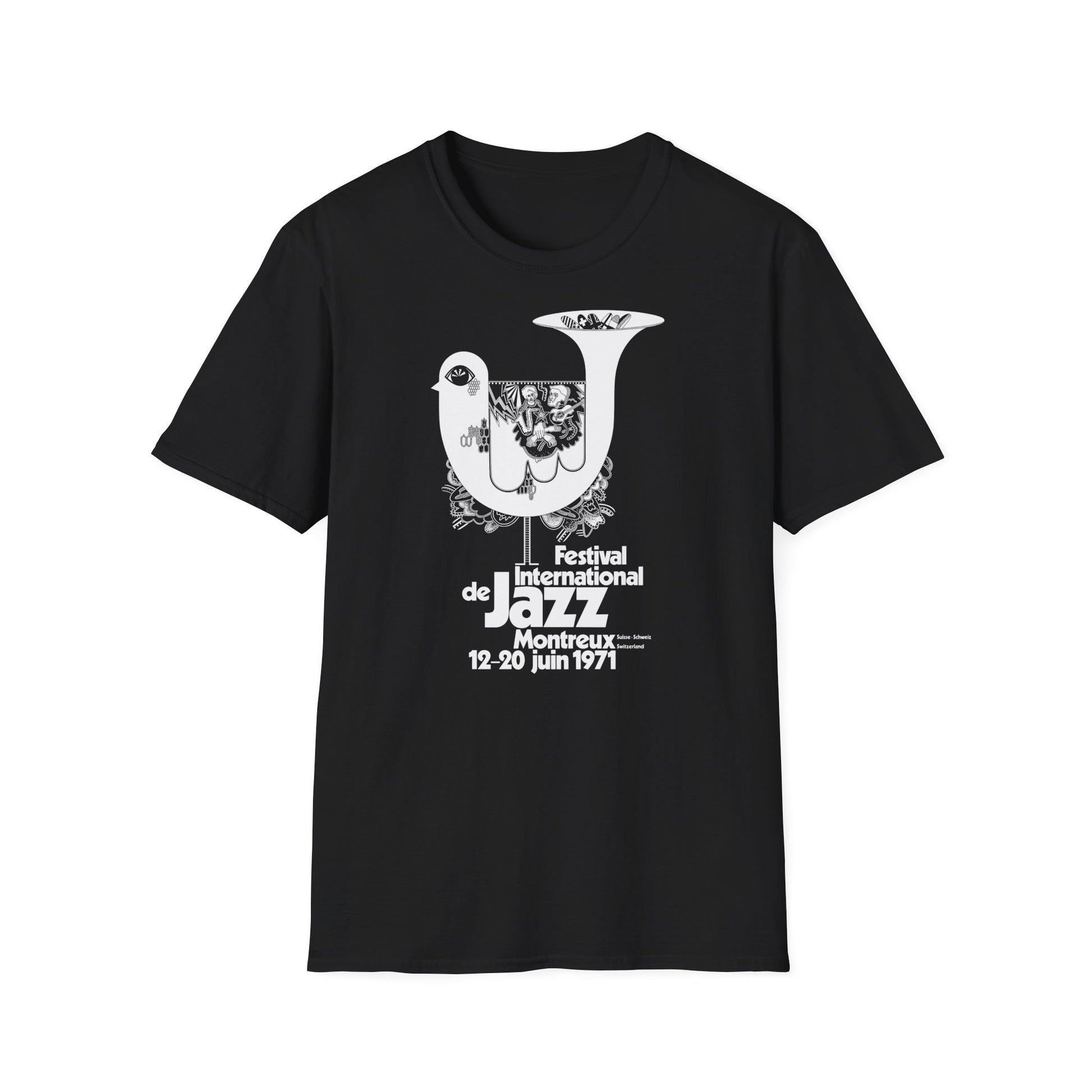 Black t-shirt with white graphic for Festival International de Jazz Montreux 1971.