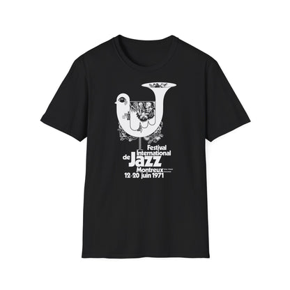 Black t-shirt with white graphic for Festival International de Jazz Montreux 1971.