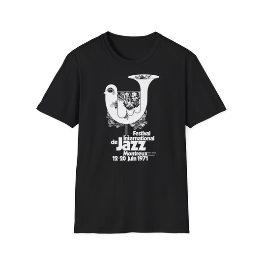 Black t-shirt with white graphic for Festival International de Jazz Montreux 1971.