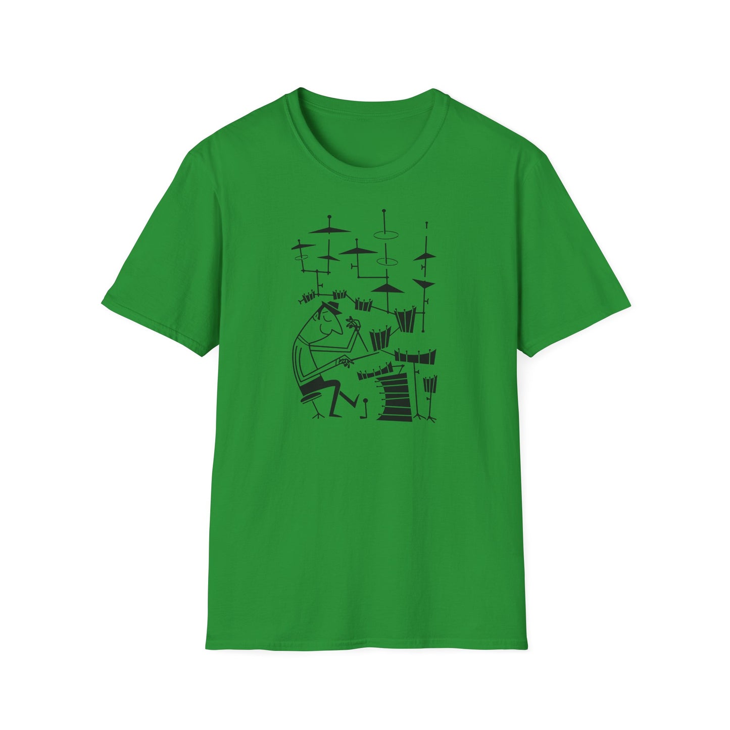 Green t-shirt with a black graphic of a drummer playing a drum set.