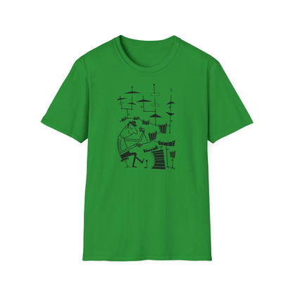 Green t-shirt with a black graphic of a drummer playing a drum set.