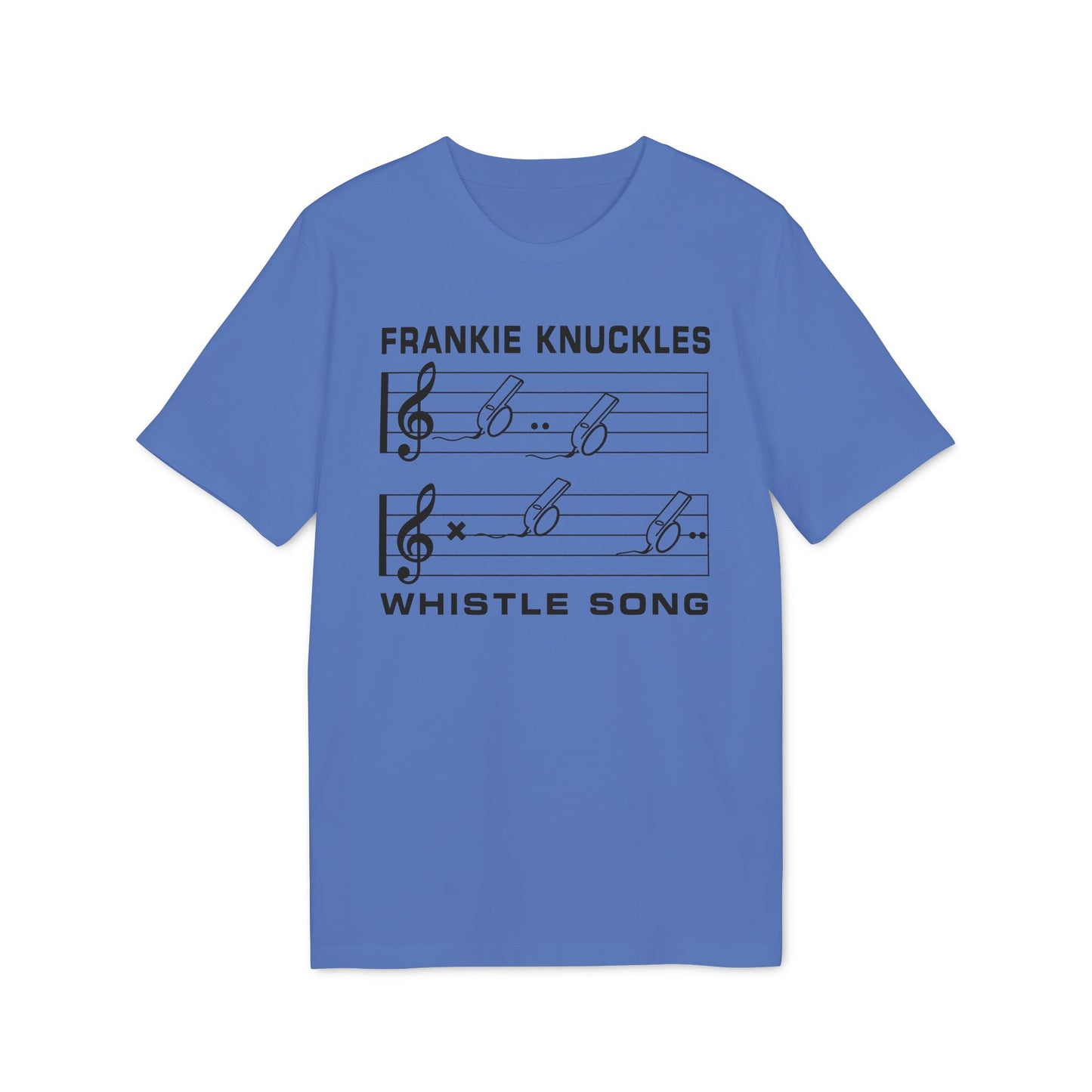 Frankie Knuckles Whistle Song music staff graphic on blue t-shirt.
