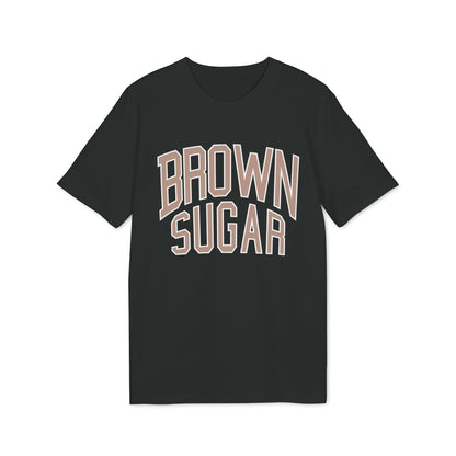 Black t-shirt with "BROWN SUGAR" text in stacked tan collegiate font.