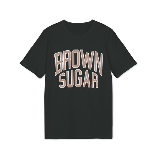 Black t-shirt with "BROWN SUGAR" text in stacked tan collegiate font.