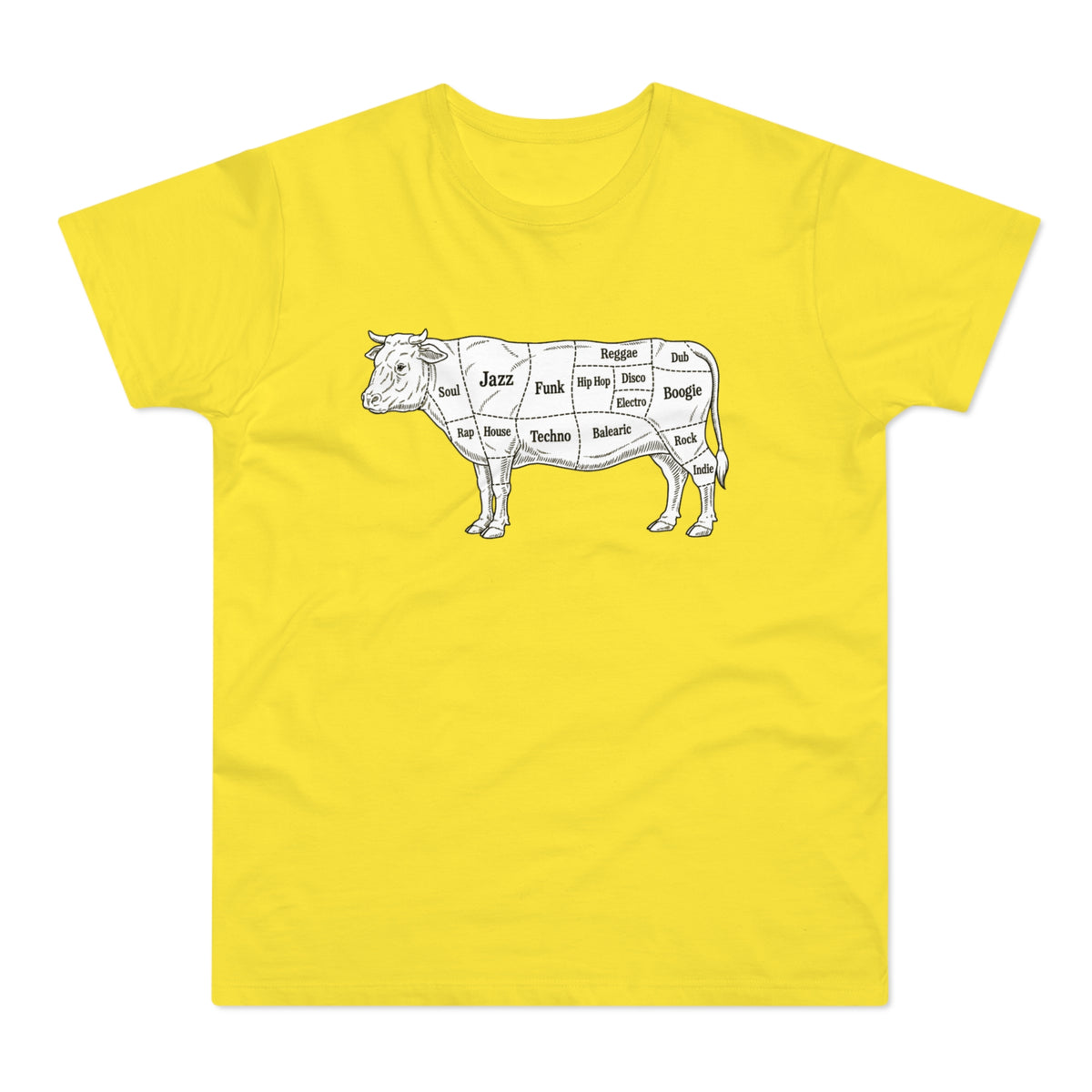 Yellow t-shirt with a diagram of a cow labeled with music genres.