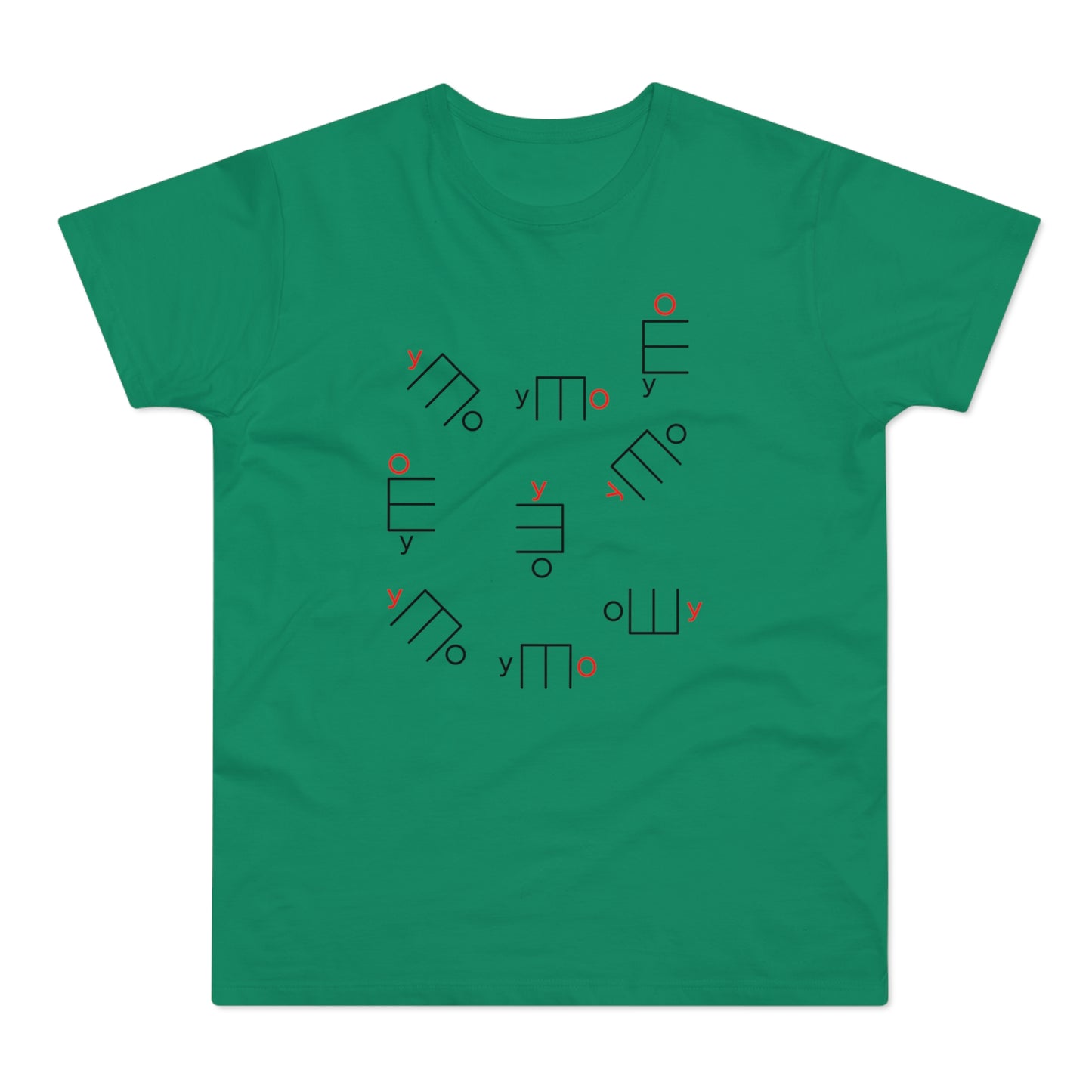 Green t-shirt with scattered black and red geometric symbols and the letter 'y'.