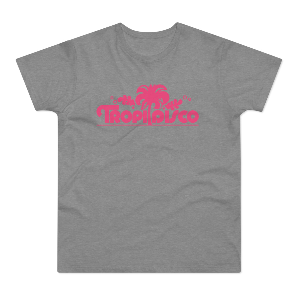 Grey t-shirt with pink "TropiDisco" text and palm tree graphic.