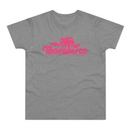 Grey t-shirt with pink "TropiDisco" text and palm tree graphic.