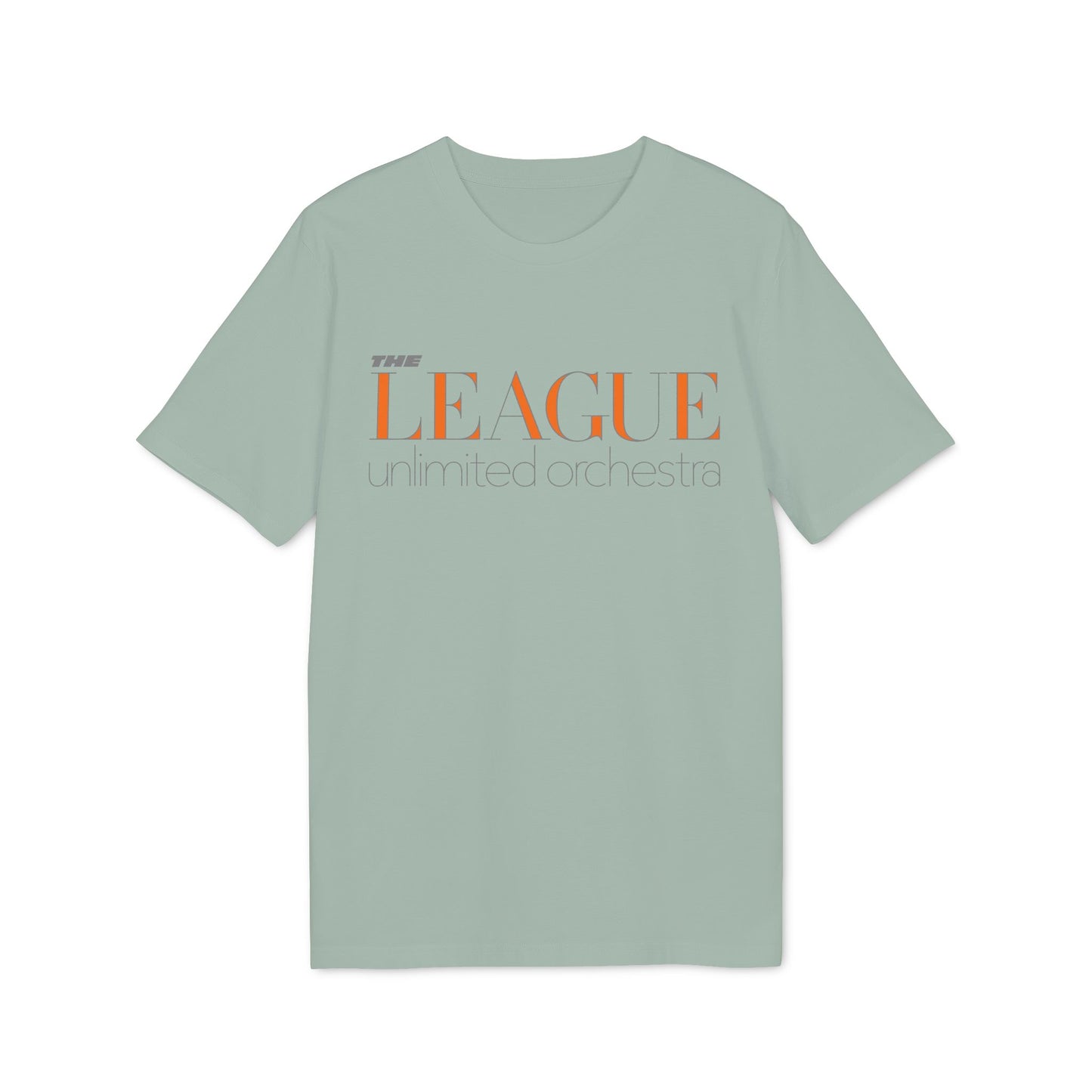 Light green t-shirt with "THE LEAGUE unlimited orchestra" text graphic in orange and grey.