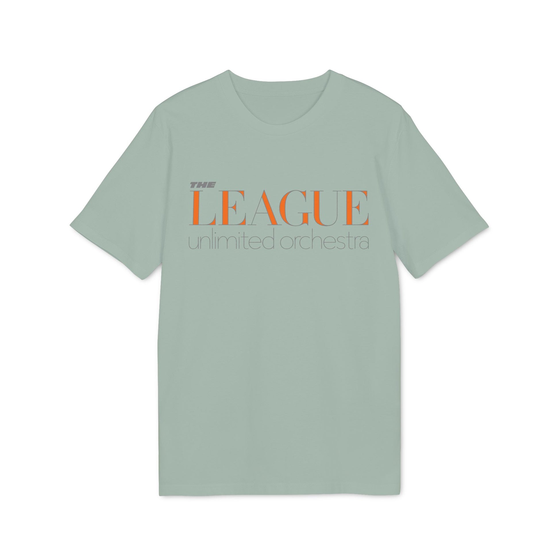 Light green t-shirt with "THE LEAGUE unlimited orchestra" text graphic in orange and grey.