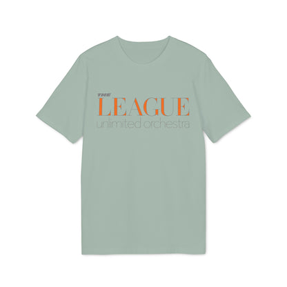 Light green t-shirt with "THE LEAGUE unlimited orchestra" text graphic in orange and grey.