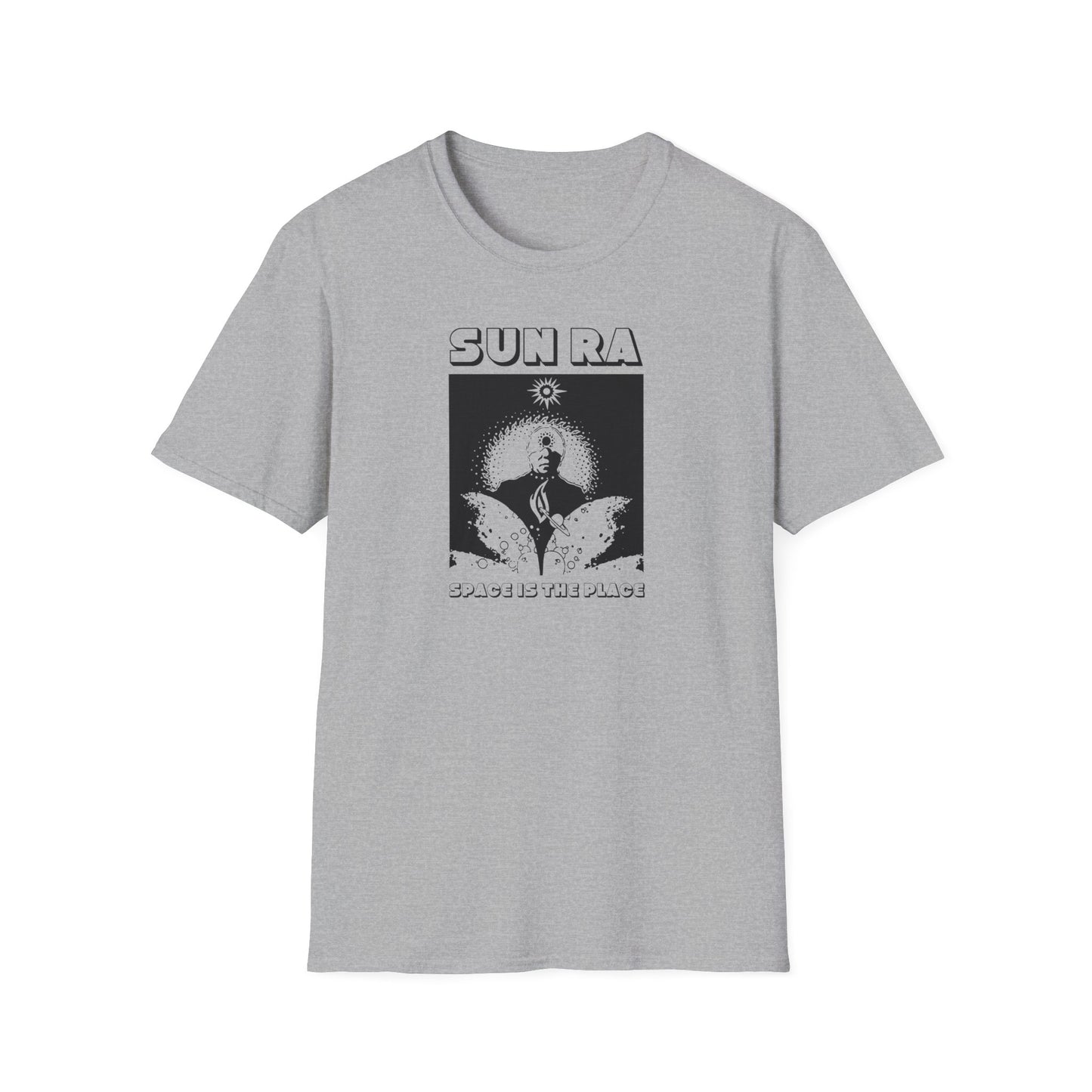 Sun Ra "Space Is The Place" graphic tee on a light gray t-shirt