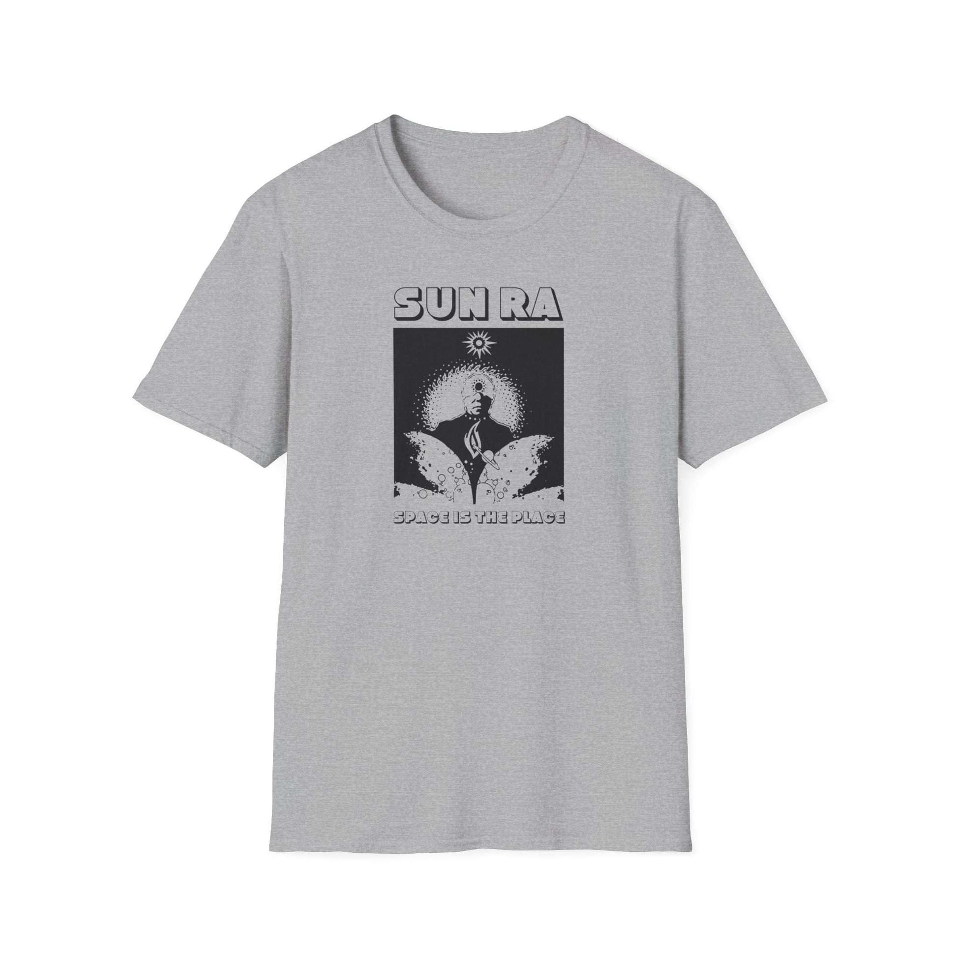 Sun Ra "Space Is The Place" graphic tee on a light gray t-shirt