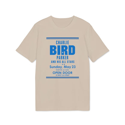 Tan t-shirt with "Charlie Bird Parker and His All Stars" announcement.
