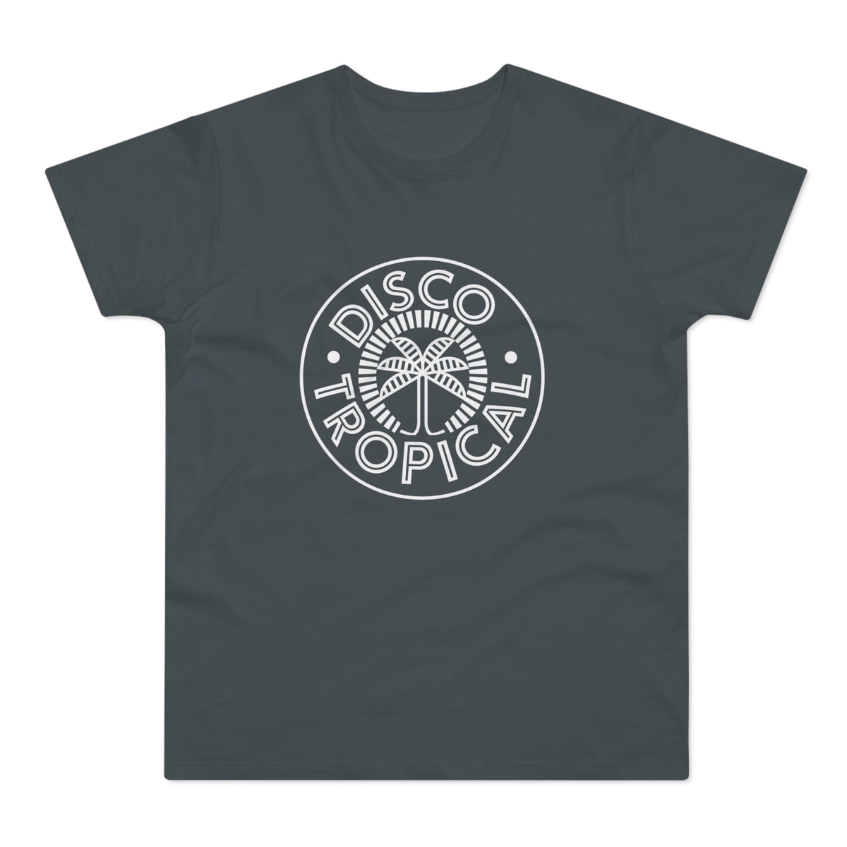 Dark grey t-shirt with white "DISCO TROPICAL" text and palm tree logo.