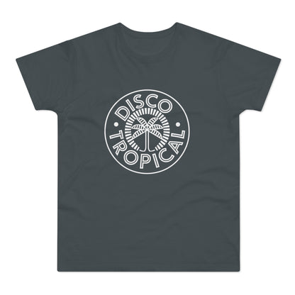 Dark grey t-shirt with white "DISCO TROPICAL" text and palm tree logo.